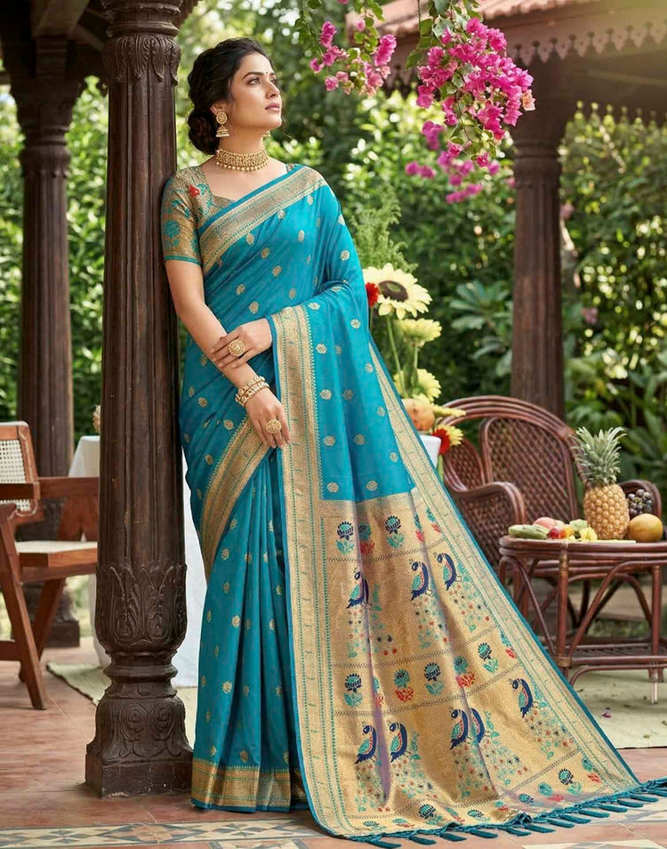 Rama Blue Soft Silk Woven Paithani Saree