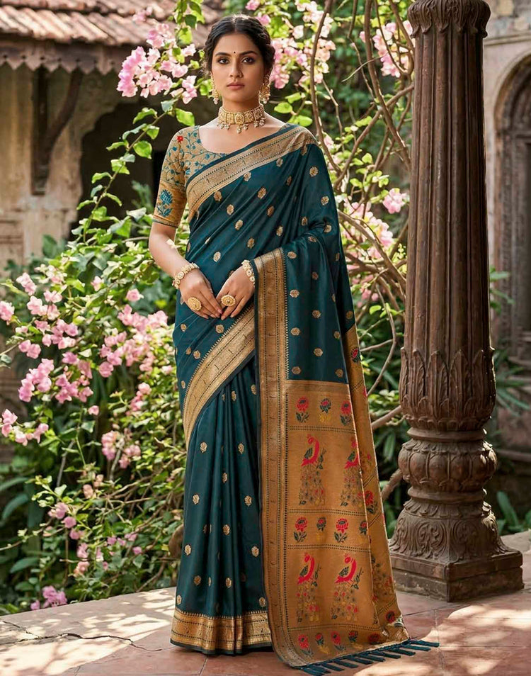Peacock Blue Soft Silk Woven Paithani Saree