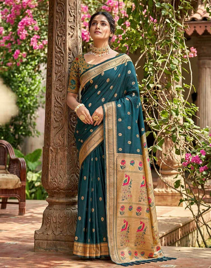 Peacock Blue Soft Silk Woven Paithani Saree