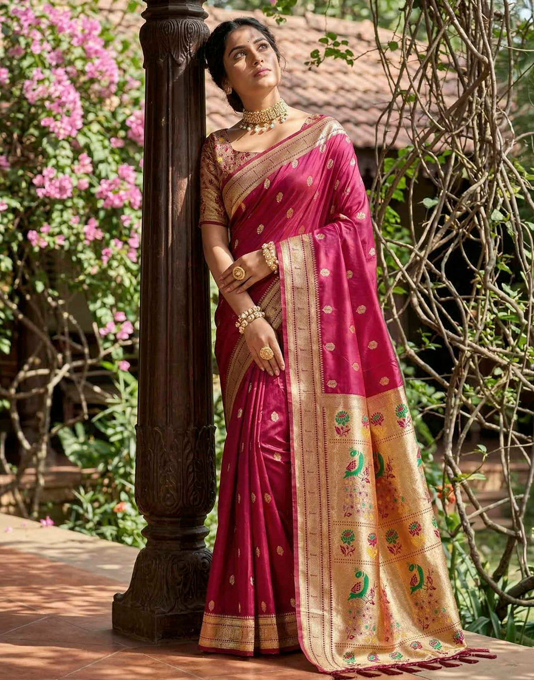 Burgundy Pink Soft Silk Woven Paithani Saree