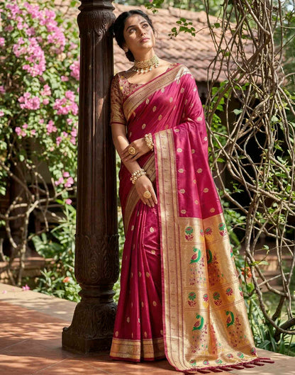 Burgundy Pink Soft Silk Woven Paithani Saree