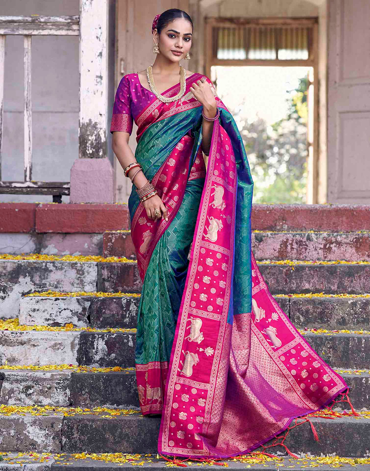Teal Green Nanditarang Silk Woven Banarasi Saree