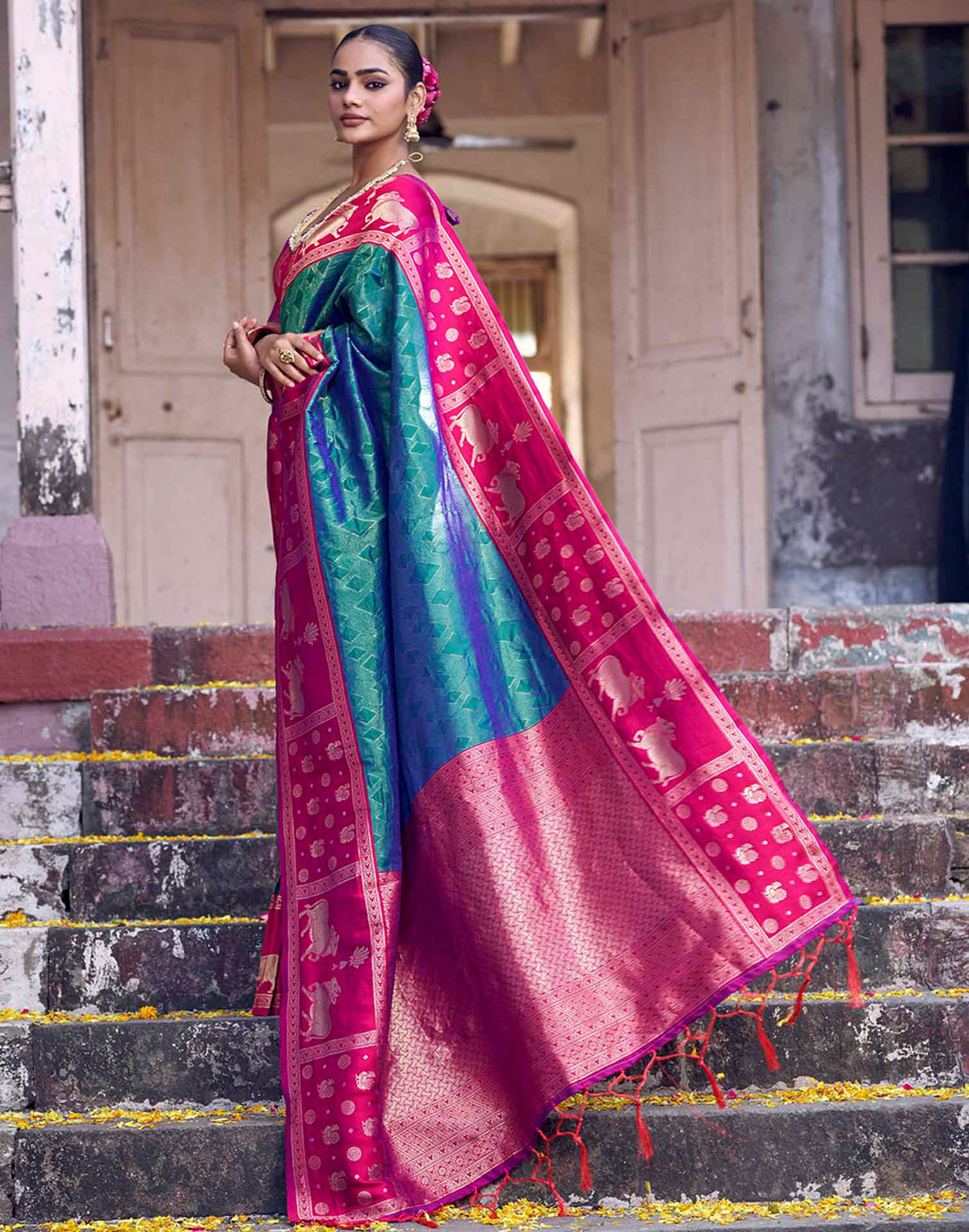 Teal Green Nanditarang Silk Woven Banarasi Saree