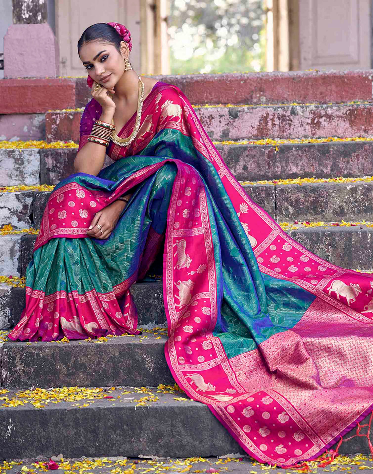 Teal Green Nanditarang Silk Woven Banarasi Saree