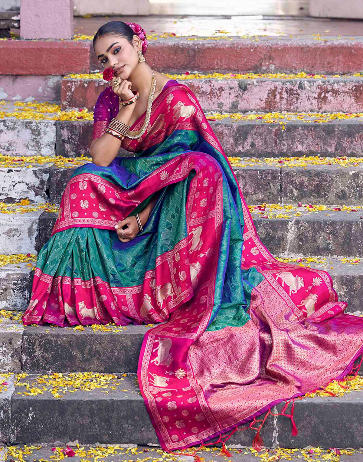 Teal Green Nanditarang Silk Woven Banarasi Saree