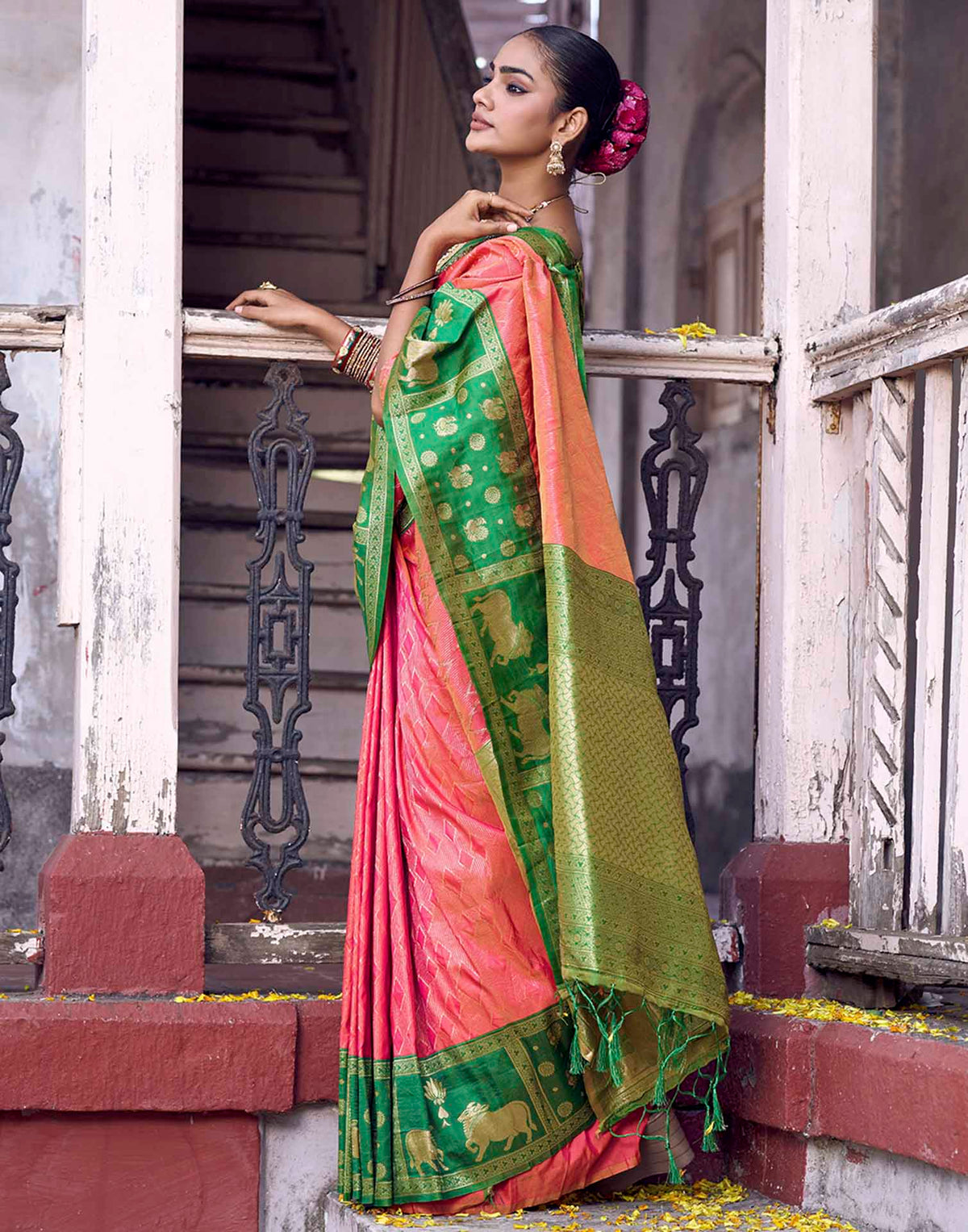 Coral Pink Nanditarang Silk Woven Banarasi Saree