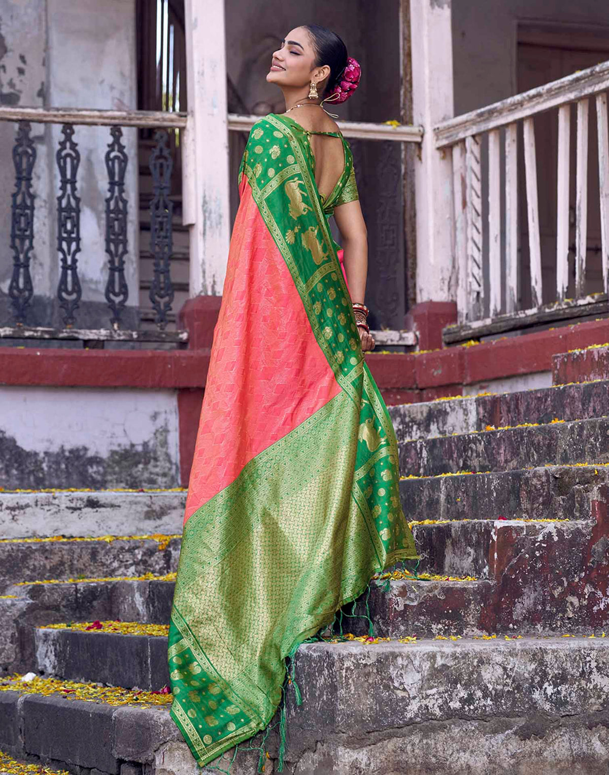 Coral Pink Nanditarang Silk Woven Banarasi Saree