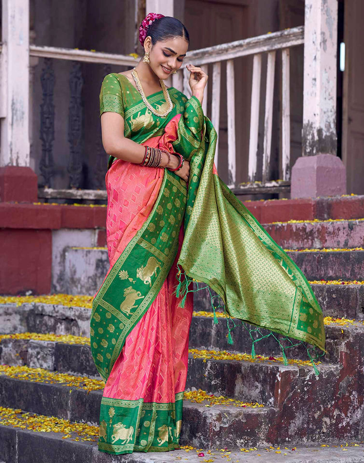 Coral Pink Nanditarang Silk Woven Banarasi Saree