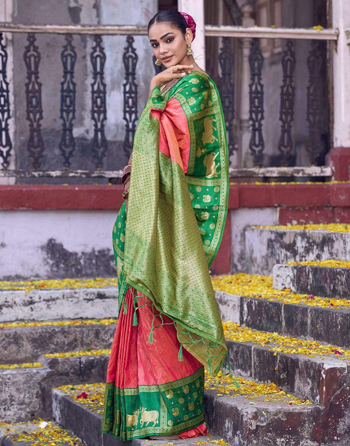 Coral Pink Nanditarang Silk Woven Banarasi Saree