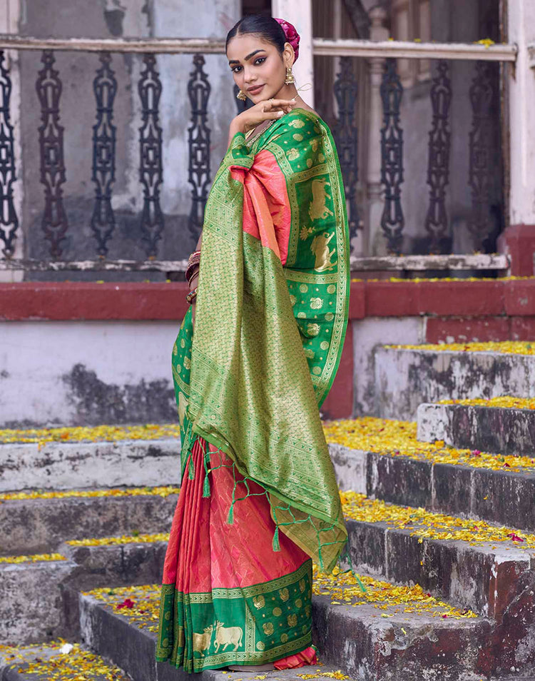 Coral Pink Nanditarang Silk Woven Banarasi Saree