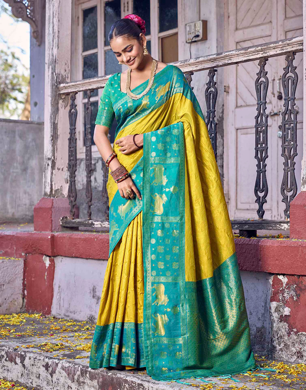 Lime Yellow Nanditarang Silk Woven Banarasi Saree
