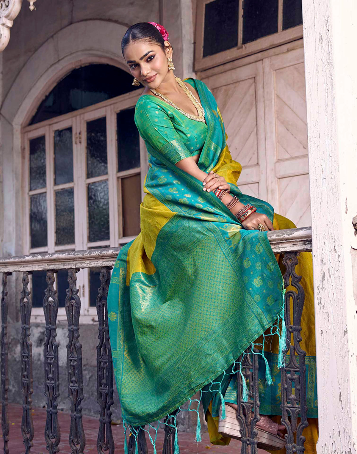 Lime Yellow Nanditarang Silk Woven Banarasi Saree