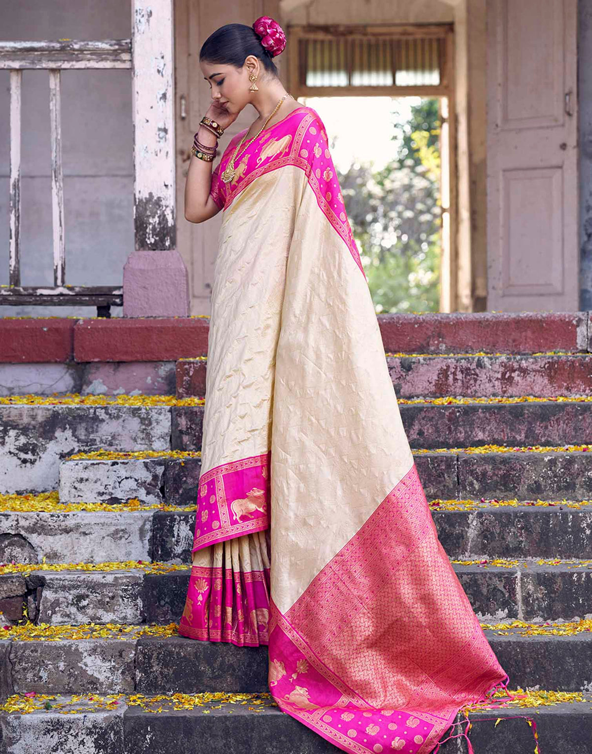 Beige Nanditarang Silk Woven Banarasi Saree