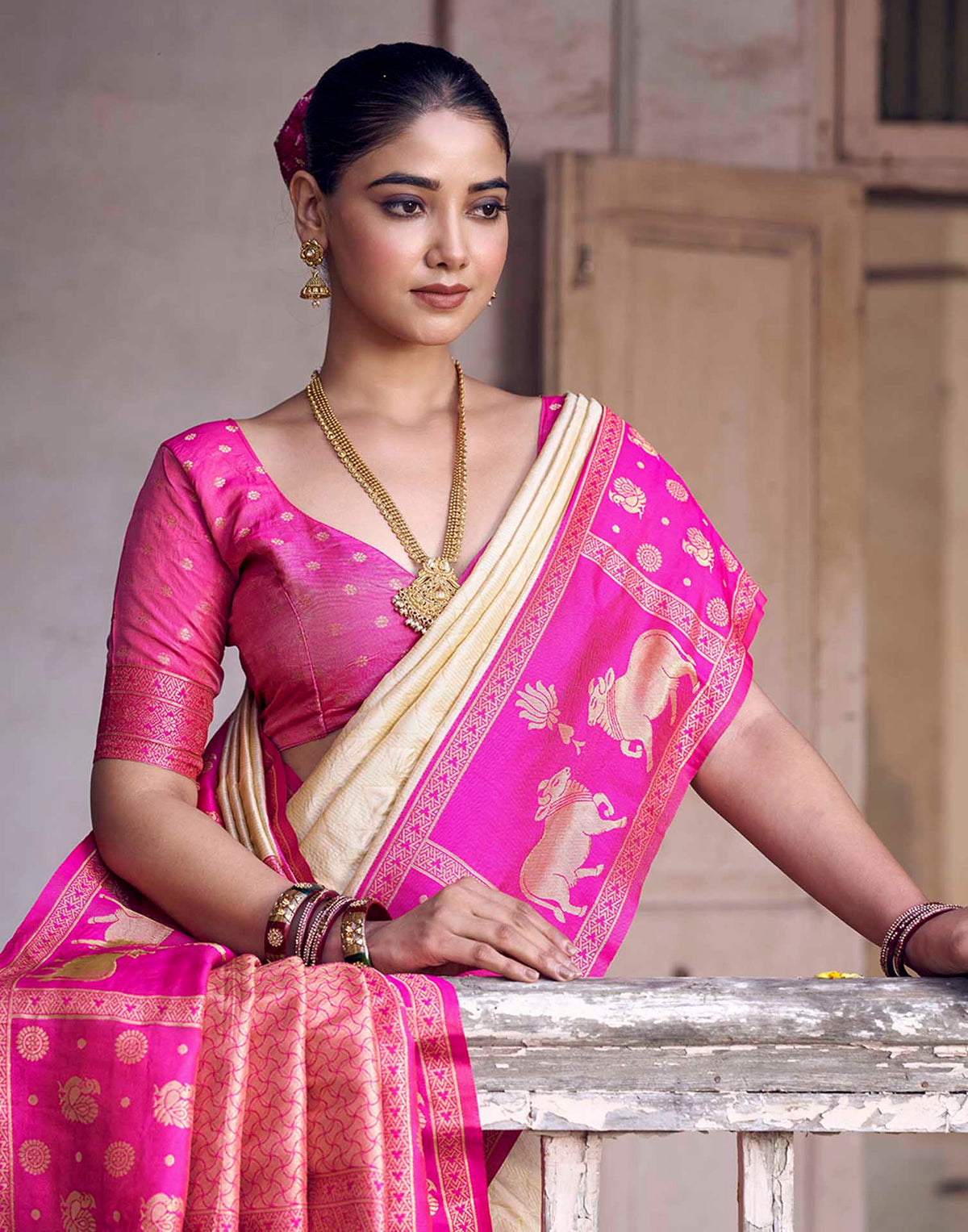 Beige Nanditarang Silk Woven Banarasi Saree