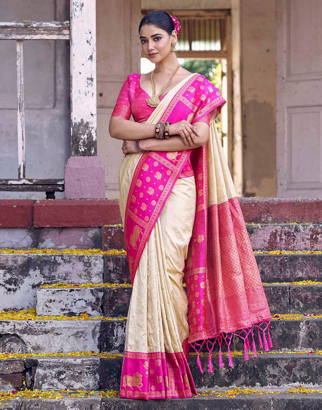 Beige Nanditarang Silk Woven Banarasi Saree