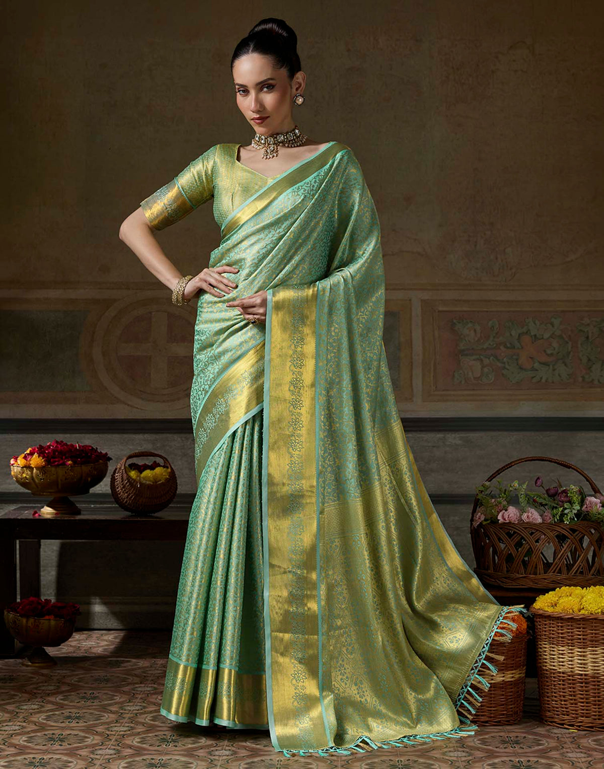 Mint Green Silk Woven Kanjivaram Saree