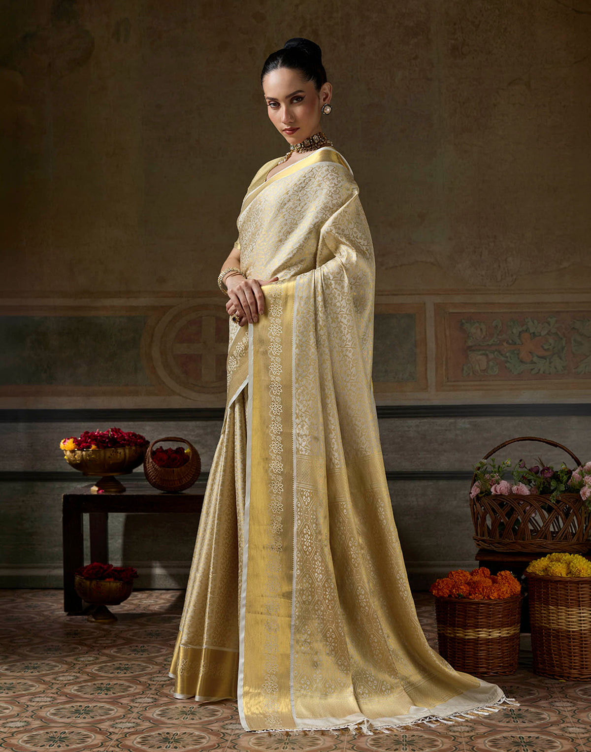 Beige Silk Woven Kanjivaram Saree