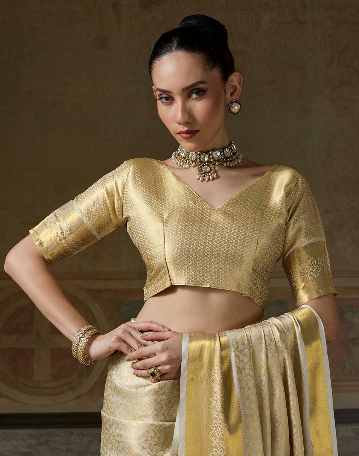 Beige Silk Woven Kanjivaram Saree