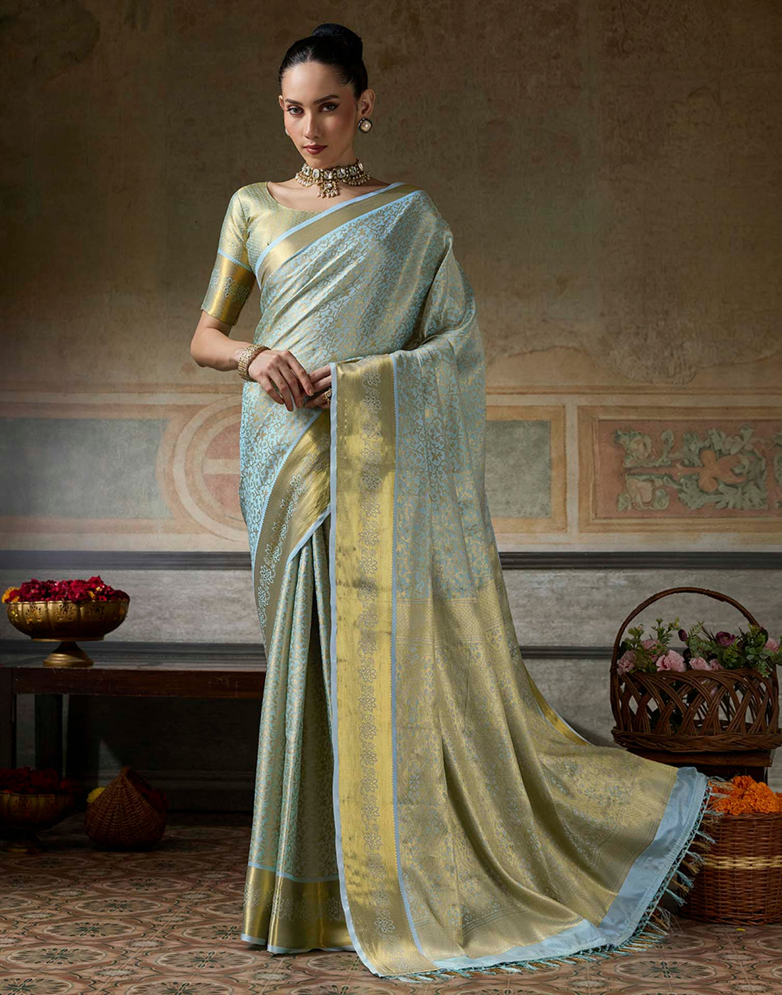 Sky Blue Silk Woven Kanjivaram Saree
