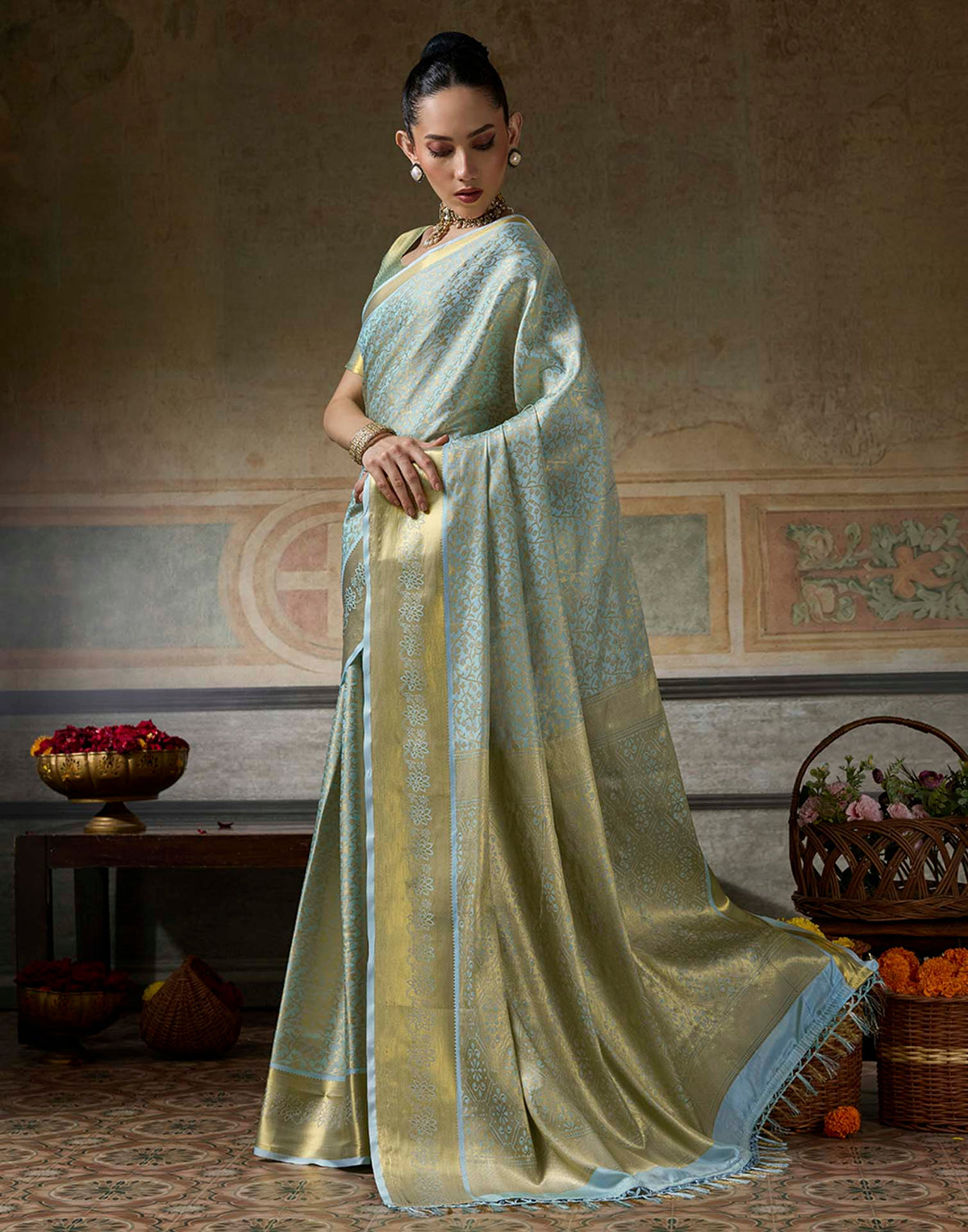 Sky Blue Silk Woven Kanjivaram Saree
