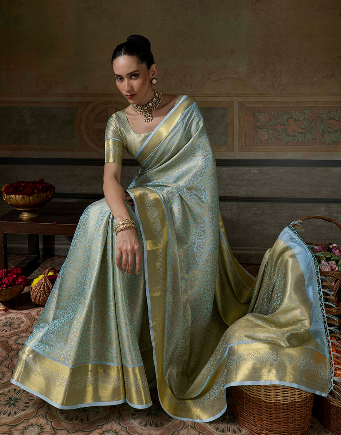 Sky Blue Silk Woven Kanjivaram Saree