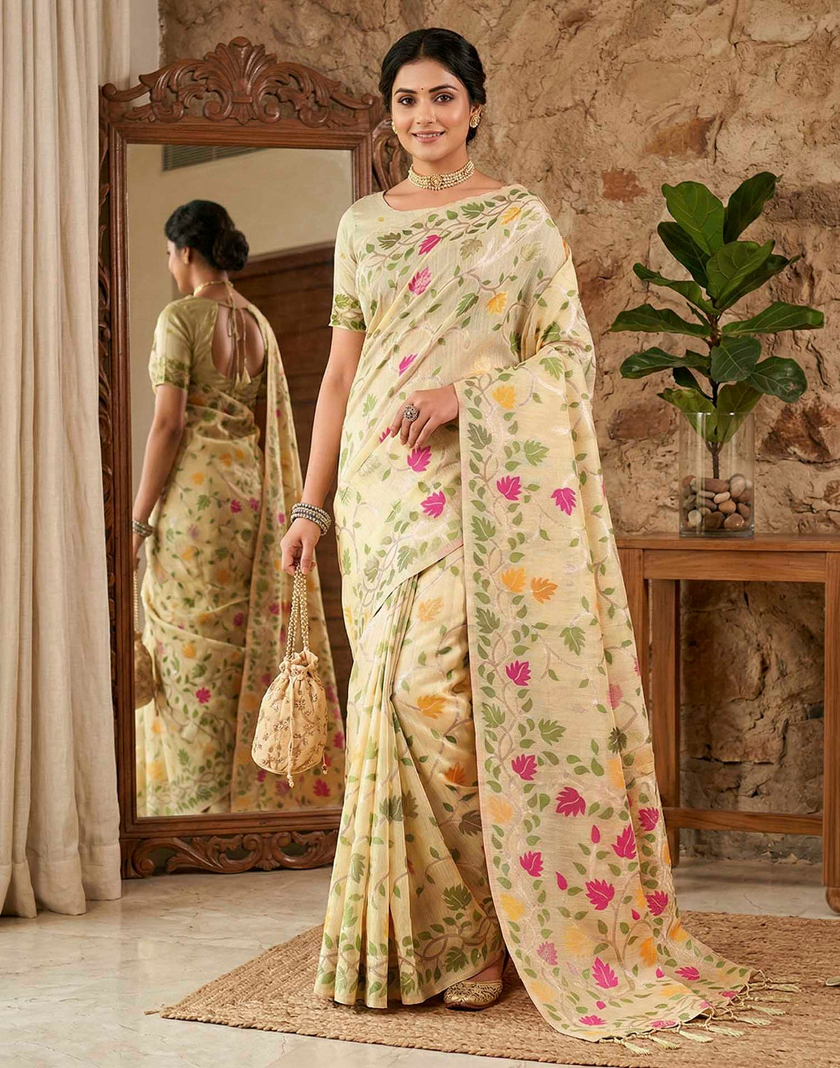 Cream Linen Woven Floral Printed Saree