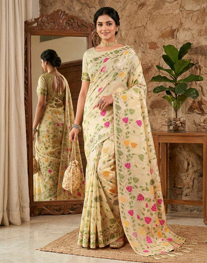 Cream Linen Woven Floral Printed Saree
