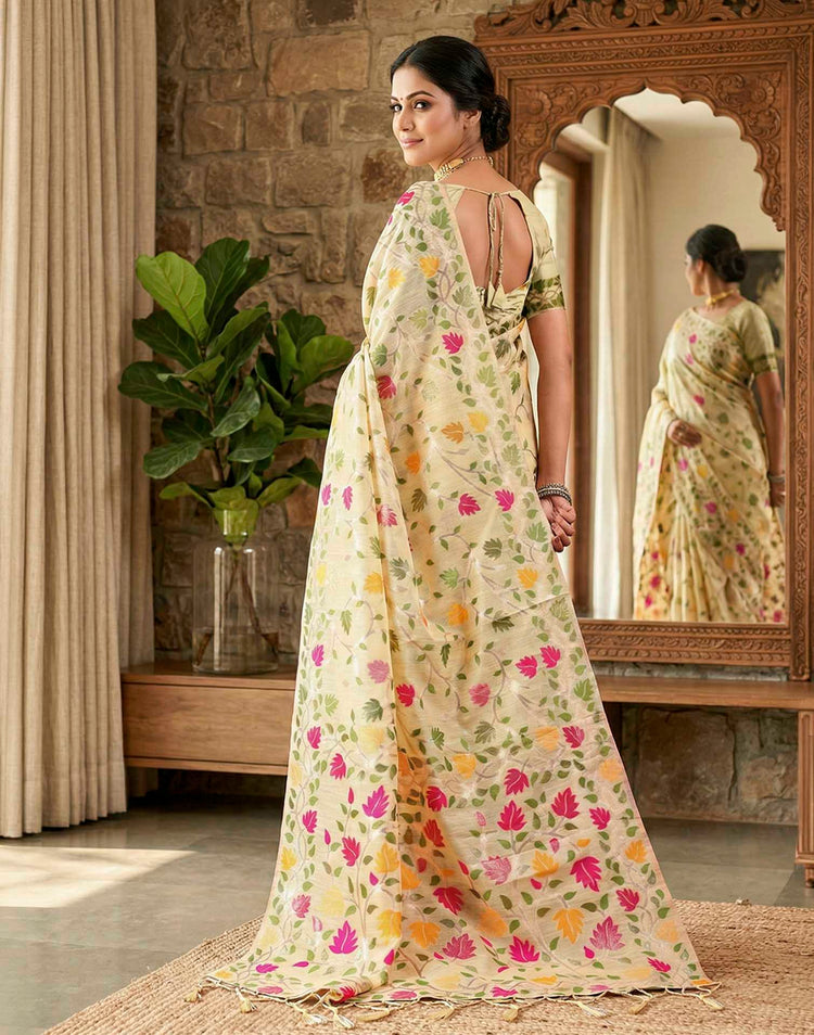 Cream Linen Woven Floral Printed Saree