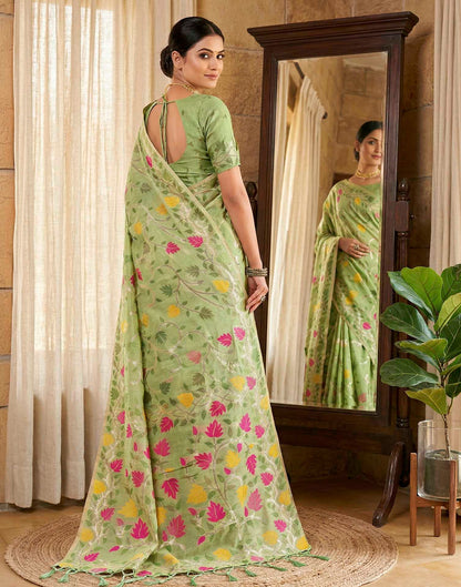 Mint Green Linen Woven Floral Printed Saree