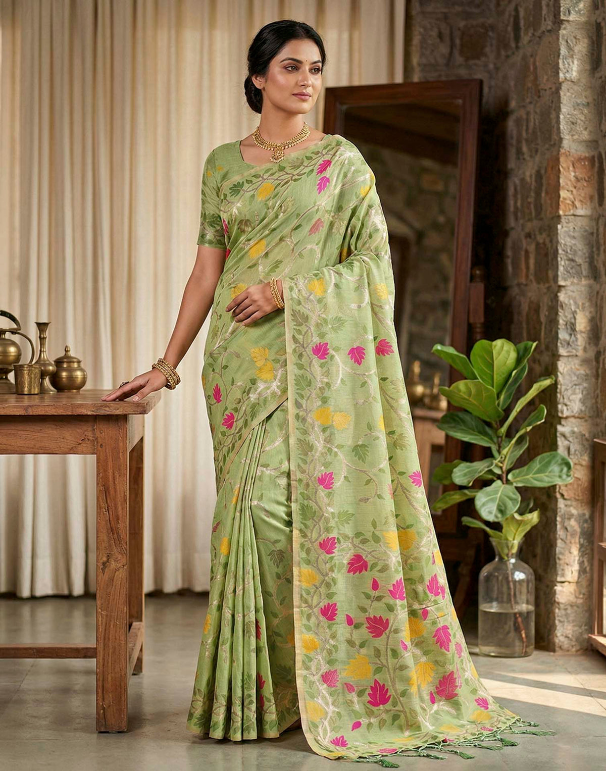 Mint Green Linen Woven Floral Printed Saree