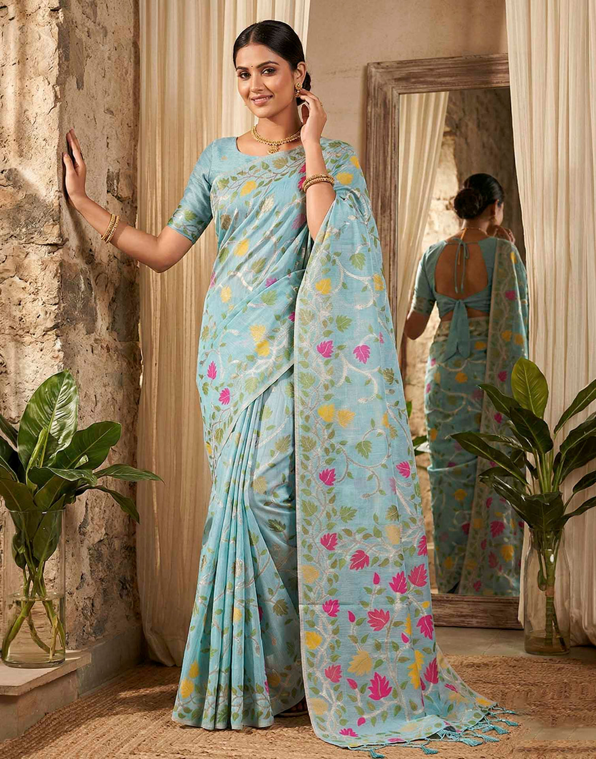 Sky Blue Linen Woven Floral Printed Saree
