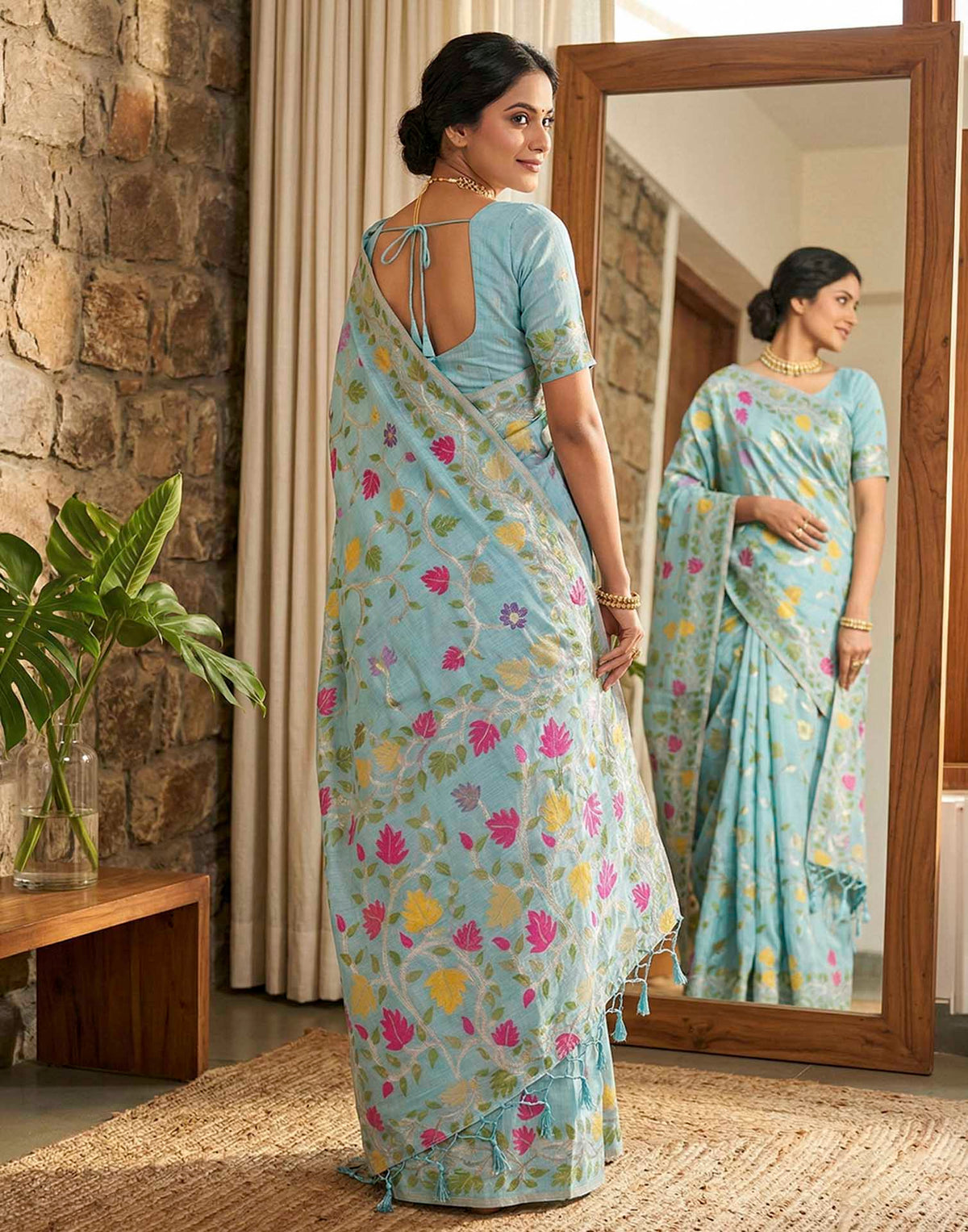 Sky Blue Linen Woven Floral Printed Saree