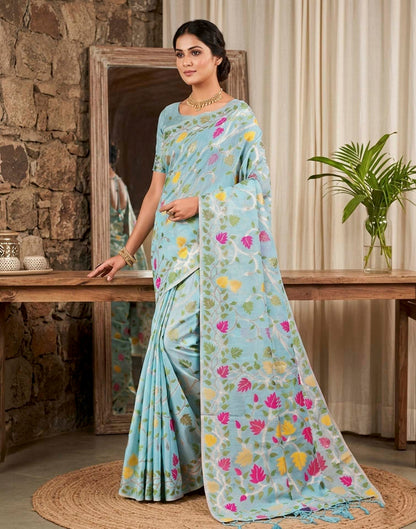 Sky Blue Linen Woven Floral Printed Saree