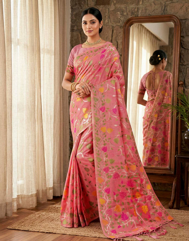 Dusty Rose Pink Linen Woven Floral Printed Saree