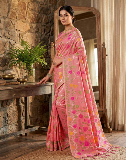 Dusty Rose Pink Linen Woven Floral Printed Saree