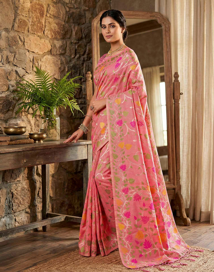 Dusty Rose Pink Linen Woven Floral Printed Saree