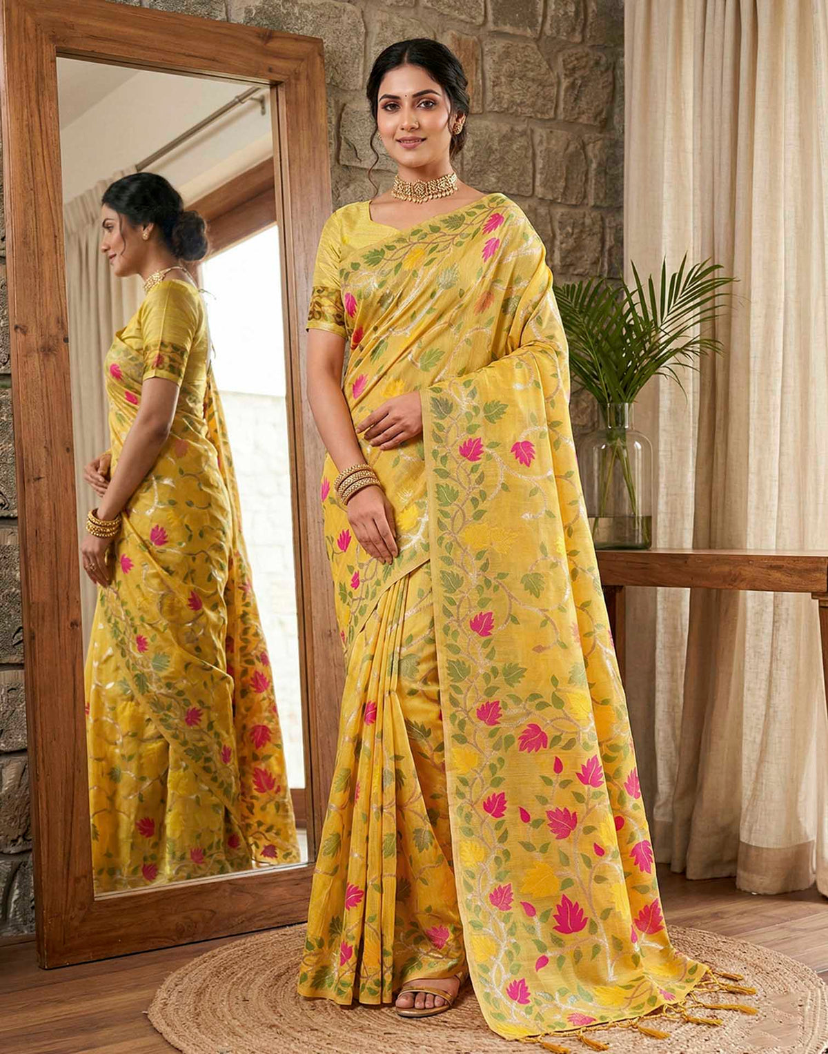 Yellow Linen Woven Floral Printed Saree