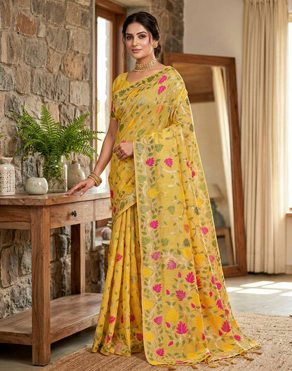 Yellow Linen Woven Floral Printed Saree