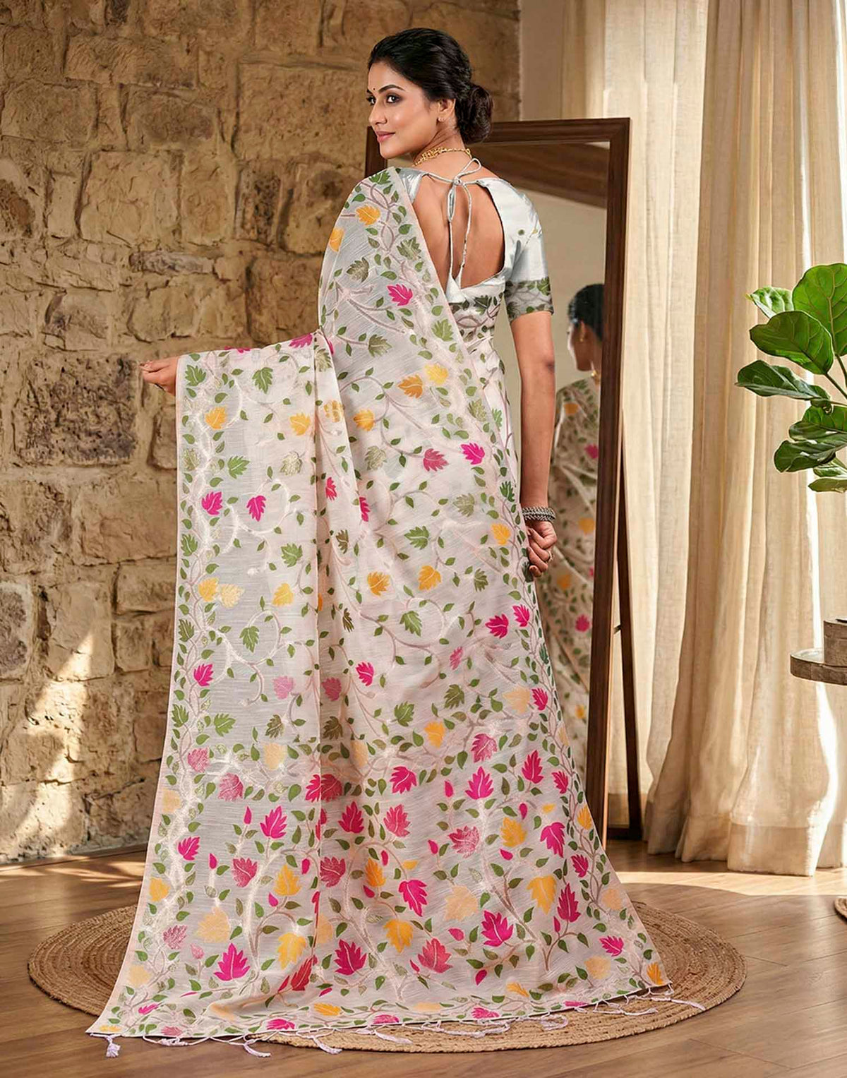 Off White Linen Woven Floral Printed Saree