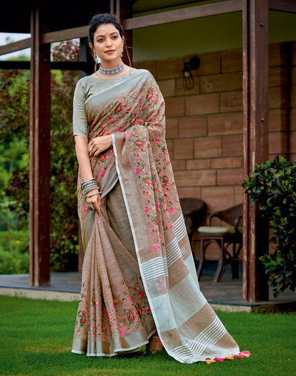 Brown Linen Woven Floral Printed Saree