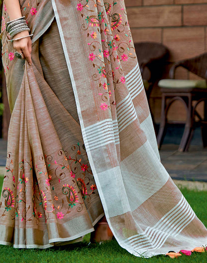 Brown Linen Woven Floral Printed Saree