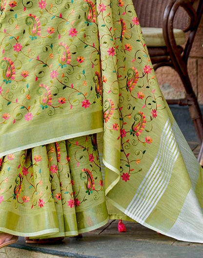 Moss Green Linen Woven Floral Printed Saree