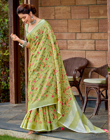 Moss Green Linen Woven Floral Printed Saree