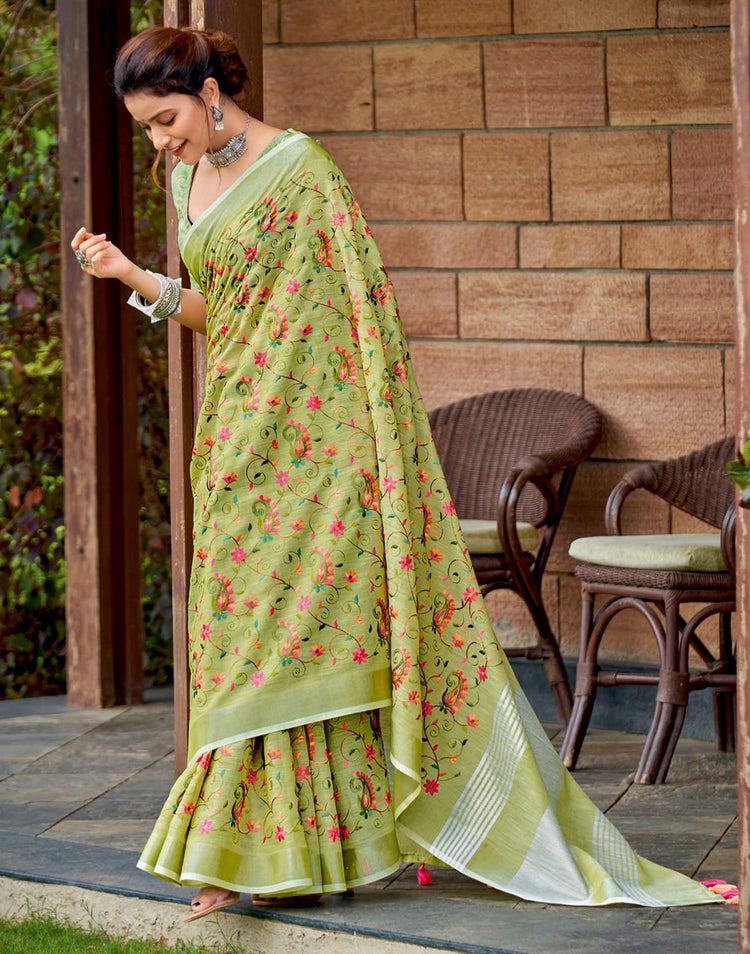 Moss Green Linen Woven Floral Printed Saree