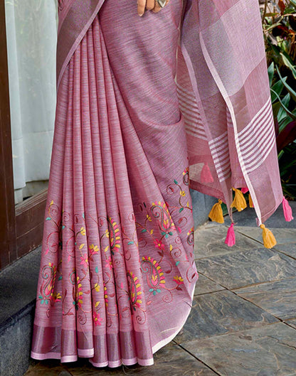Brown Linen Woven Floral Printed Saree