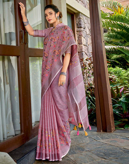 Brown Linen Woven Floral Printed Saree