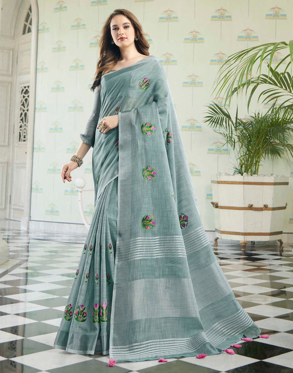 Grey Linen Woven Floral Printed Saree