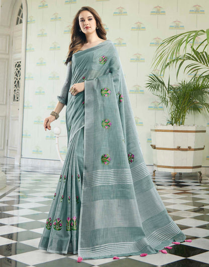 Grey Linen Woven Floral Printed Saree