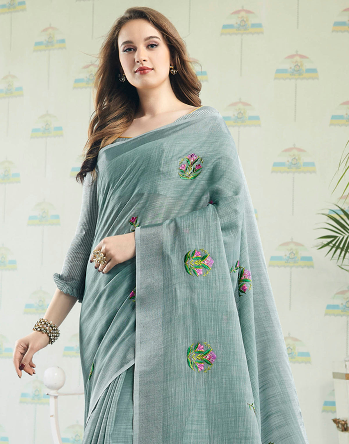 Grey Linen Woven Floral Printed Saree