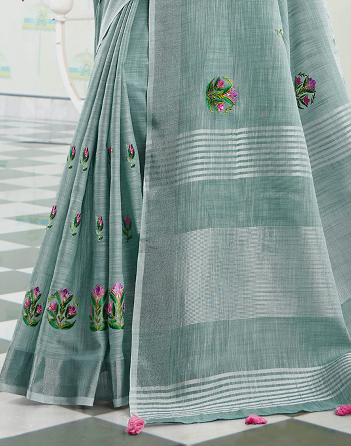 Grey Linen Woven Floral Printed Saree